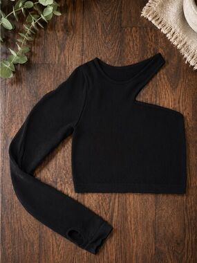 Rita Ora Primark Black One Shoulder Crop Top XS Ribbed Long Sleeve